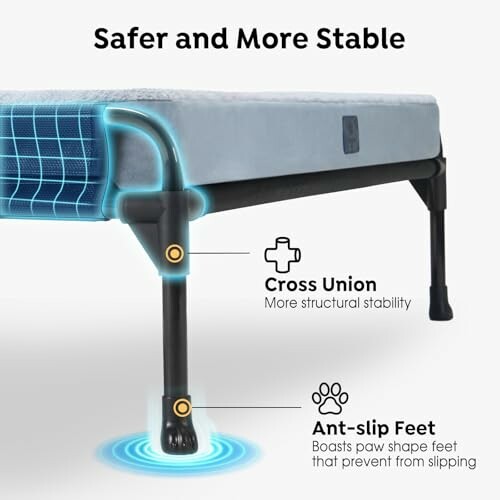 Bed frame with cross union and anti-slip feet for stability.