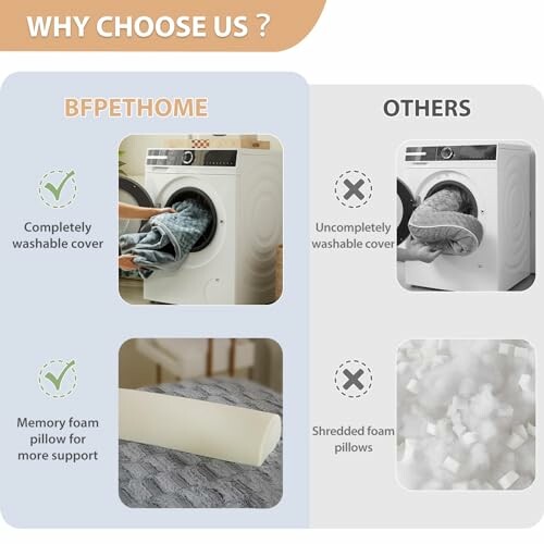 Comparison between BFPetHome and other brands, highlighting washable covers and memory foam pillow features.