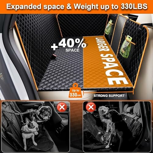 Car seat protector with expanded space for pets, weight capacity up to 330 lbs.