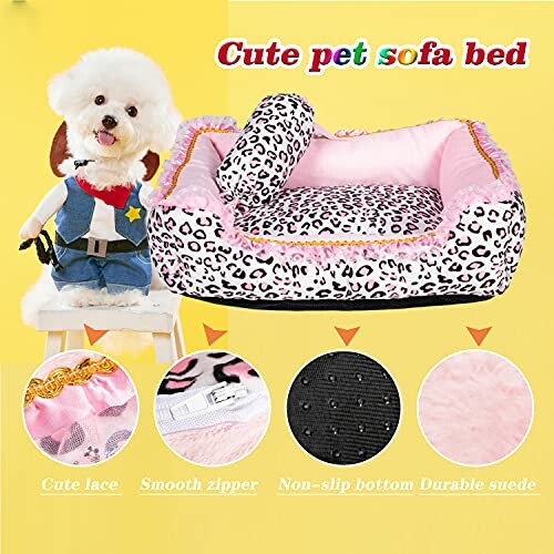 Plush pet sofa bed with leopard print and toy dog model.