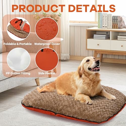 Golden retriever on a textured brown pet bed with product features highlighted.