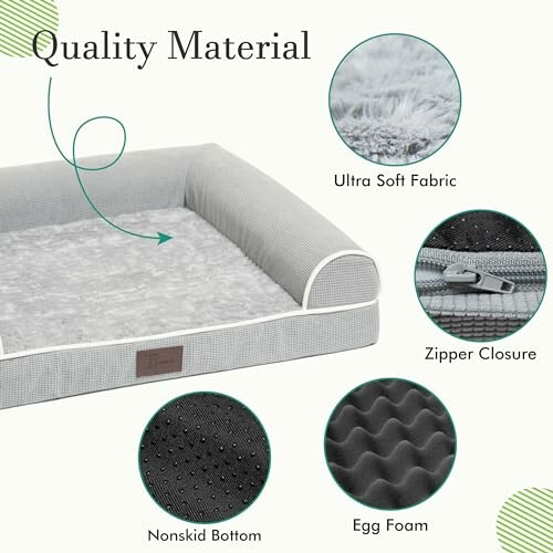 Dog bed materials including ultra soft fabric, zipper closure, nonskid bottom, egg foam.