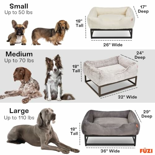 Dog bed size guide with small, medium, and large options.