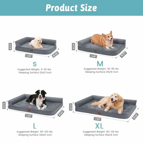 Dog bed size guide for different dog weights and dimensions.