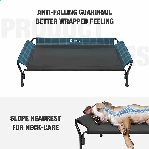 Dog bed with anti-falling guardrail and slope headrest for neck care.