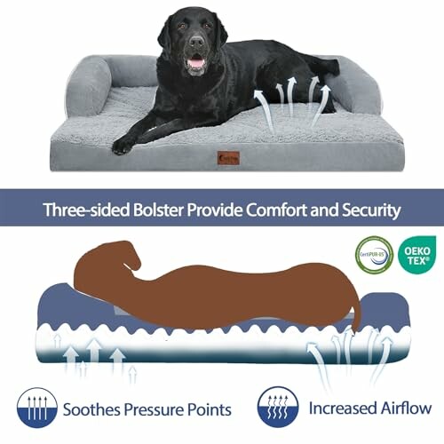 Black lab on a gray three-sided bolster dog bed with airflow illustration.