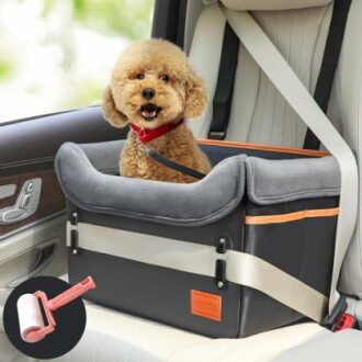 Dog sitting in a car seat with a lint roller nearby