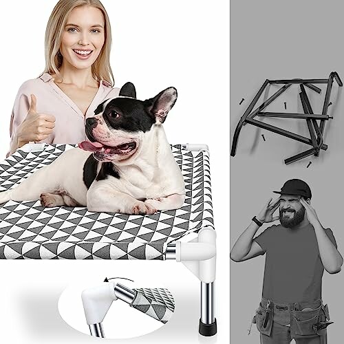 Woman giving thumbs up next to a French Bulldog on an elevated bed with assembly instructions.