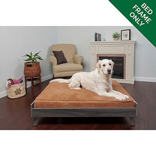 Dog lying on a large pet bed frame in a cozy living room.