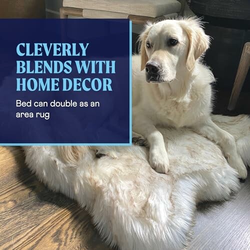 Golden retriever on a fur rug, matching home decor.