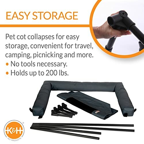 Pet cot collapses for easy storage with included parts and holds up to 200 lbs.