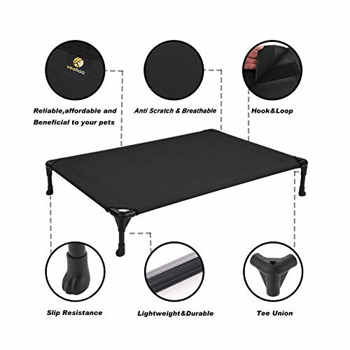 Black elevated pet bed with features including anti-scratch fabric, hook-and-loop, slip resistance, lightweight and durable design.