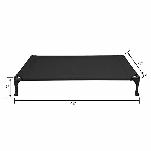 Black elevated pet bed with dimensions 42 inches by 30 inches and 7 inches high.