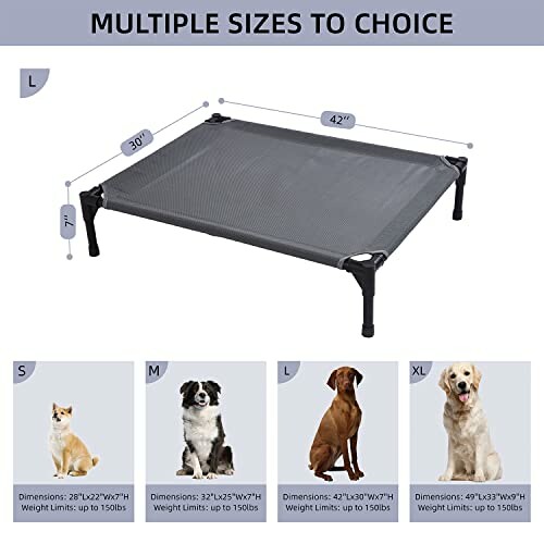 Elevated pet bed with multiple size options: S, M, L, XL.