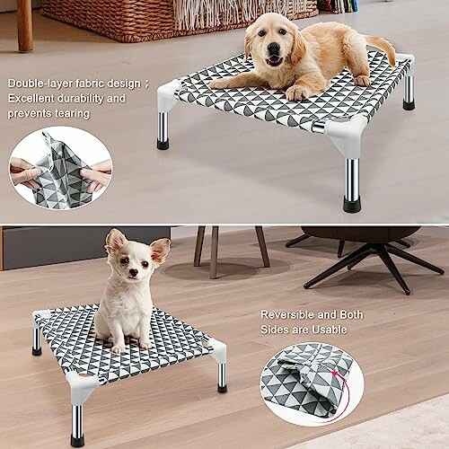 Two dogs on elevated pet beds showcasing double-layer fabric design.