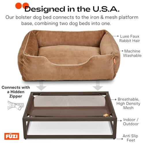 Brown bolster dog bed with mesh platform, designed in the USA