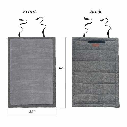 Front and back view of a heated car seat cover with dimensions.