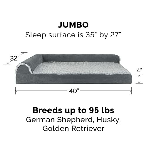 Jumbo dog bed with dimensions and suitable breeds.