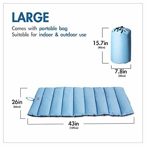 Large blue mat with portable bag, dimensions included.