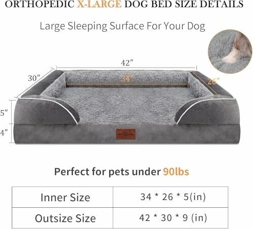 Orthopedic XL dog bed with dimensions and weight limit.