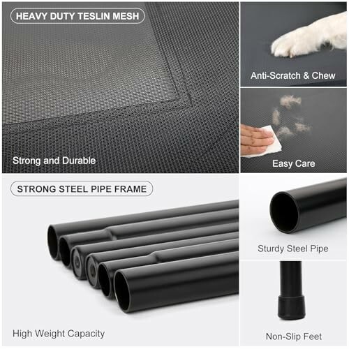 Pet bed materials: heavy duty Teslin mesh, strong steel pipe frame, anti-scratch and chew, easy care, high weight capacity, non-slip feet.