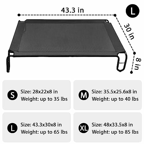 Pet bed size chart with dimensions and weight capacity for sizes S, M, L, XL.