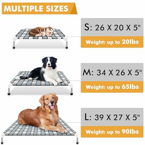 Pet bed size chart with different dog sizes and weights.