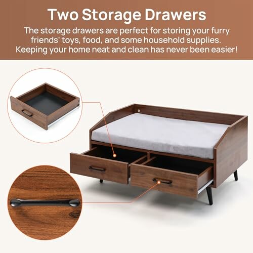 Pet bed with two storage drawers for toys and supplies.