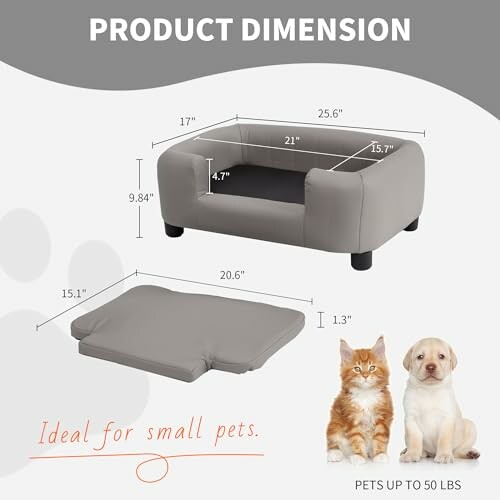 Dimensions of a small pet sofa with cushion and size guide.