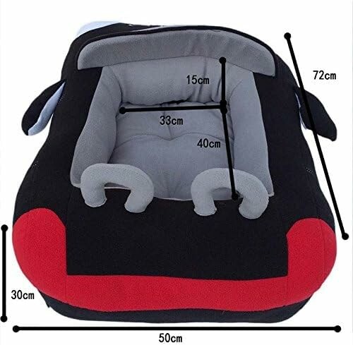 Plush car seat with measurements displayed.