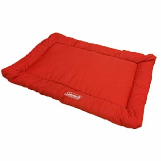 Red rectangular dog bed with Coleman logo