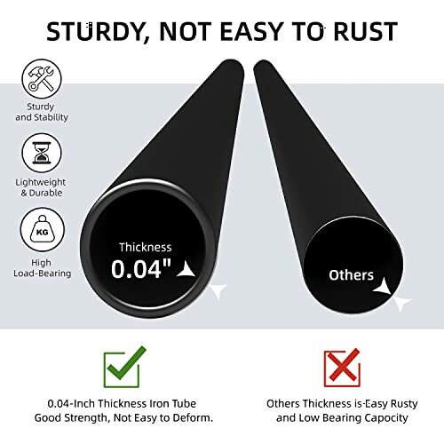 Comparison of sturdy and rust-resistant metal poles with thickness details.