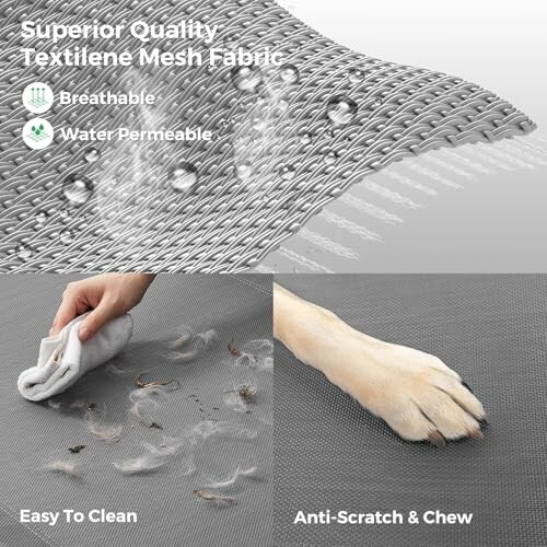 Textilene mesh fabric showcasing breathability, water permeability, easy cleaning, and anti-scratch properties.