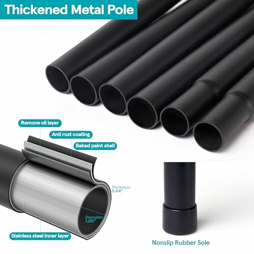 Thickened metal pole with features like anti-rust coating, baked paint shell, stainless steel inner layer, and nonslip rubber sole.