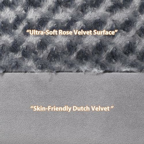 Close-up of two velvet fabric textures, one labeled ultra-soft rose and the other skin-friendly Dutch.