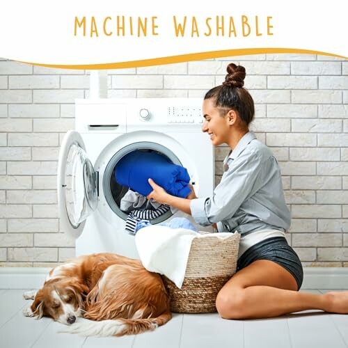 Woman doing laundry with dog lying nearby.