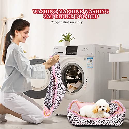 Woman washing a dog bed cover with a small dog in front of a washing machine.